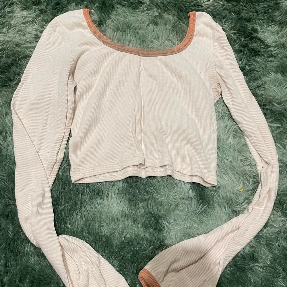 Elegant Cream Long Sleeve Top with Tan Accents